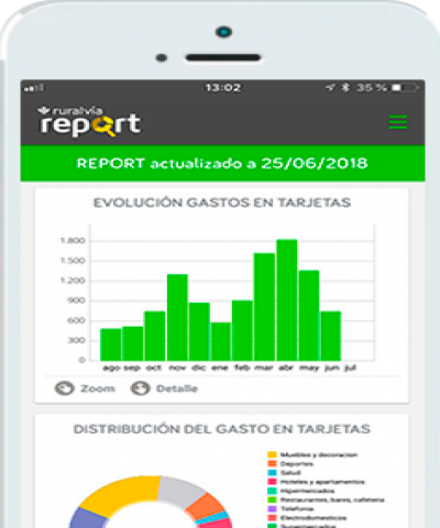 ruralvía report - móvil con una pantalla de evolución de gastos en ruralvía report